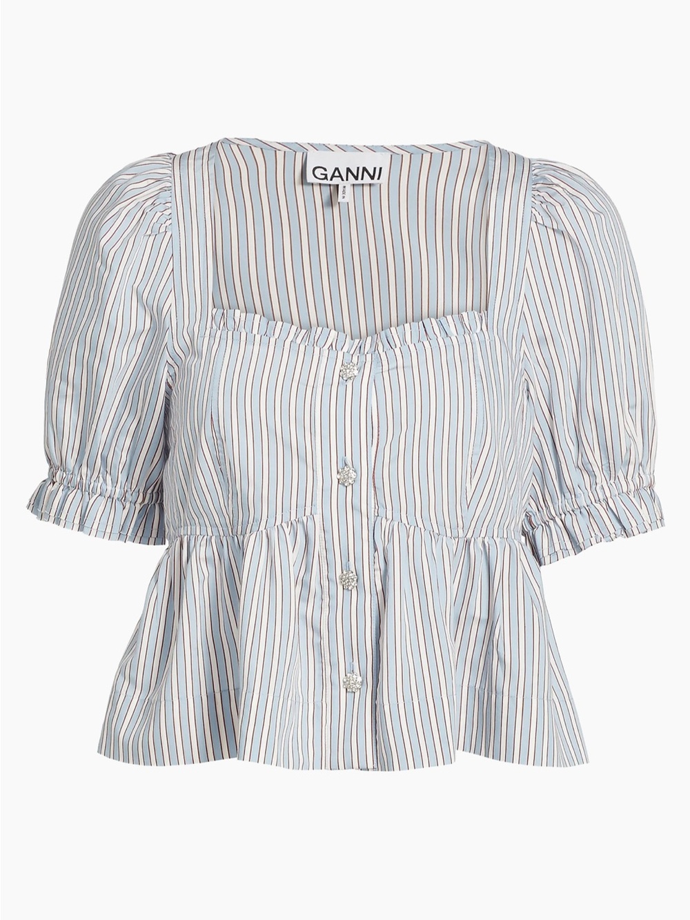 Ganni Blue and White Striped Peplum Button-Front Top